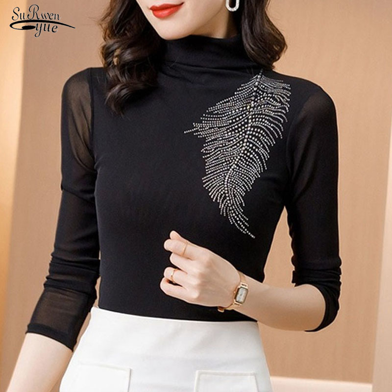 

Spring Fashion Women Elegant Mesh Stitching Casual Blouse Diamond Beaded Chiffon Shirt Clothes Top Blusas 10767 210521, Black