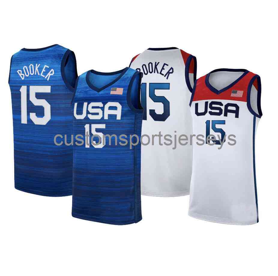 

Stitched custom Devin Booker #15 Team USA 2021 Olympics Blue/White Jersey Men's Women Youth Basketball Jersey -5XL