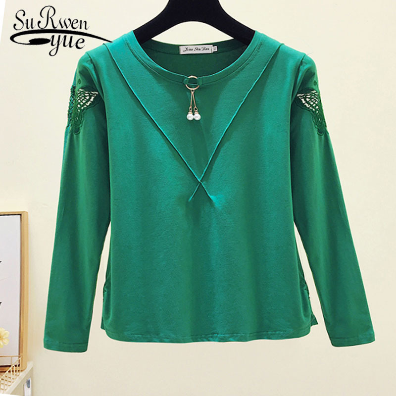 Casual Hollow Out Fashion Autumn Women Tops and Blouses O-neck Solid Clothing Long Sleeve Basic Tee Shirts 6298 50 210508