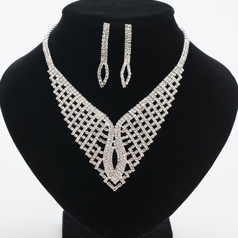 

Earrings & Necklace YFJEWE Wedding Dress Accessories Chain Jewelry Set Arrive Fashion Rhinestone Bride Big Sets N338, Silver