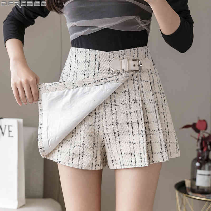 

Casual Dresses Fashion High Waist A-line Plaid Women's Skirts Shorts Autumn Winter Wool Tweed Skirt Vintage Mini Checkered Pleated, Black