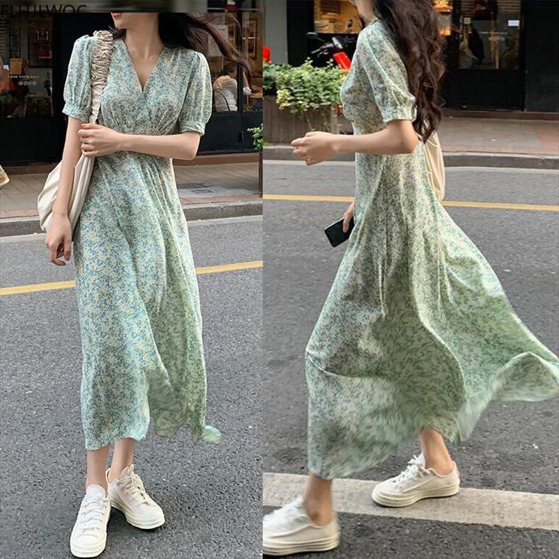 

long maxi summer short sleeve womens dresses elegant temperament korean chic fashion green florla printed vintage plus size, Black;gray