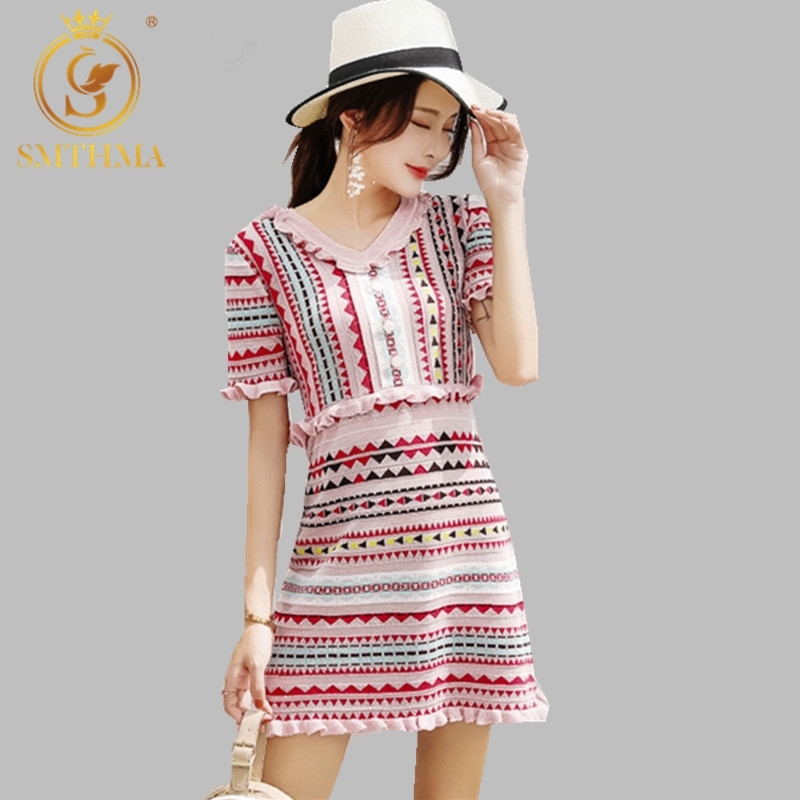

Summer Geometric Knitted Short Sleeve Sweet Dress Women Ruffled Trim Pink Beautiful Female Vestidos 210520, Photo color
