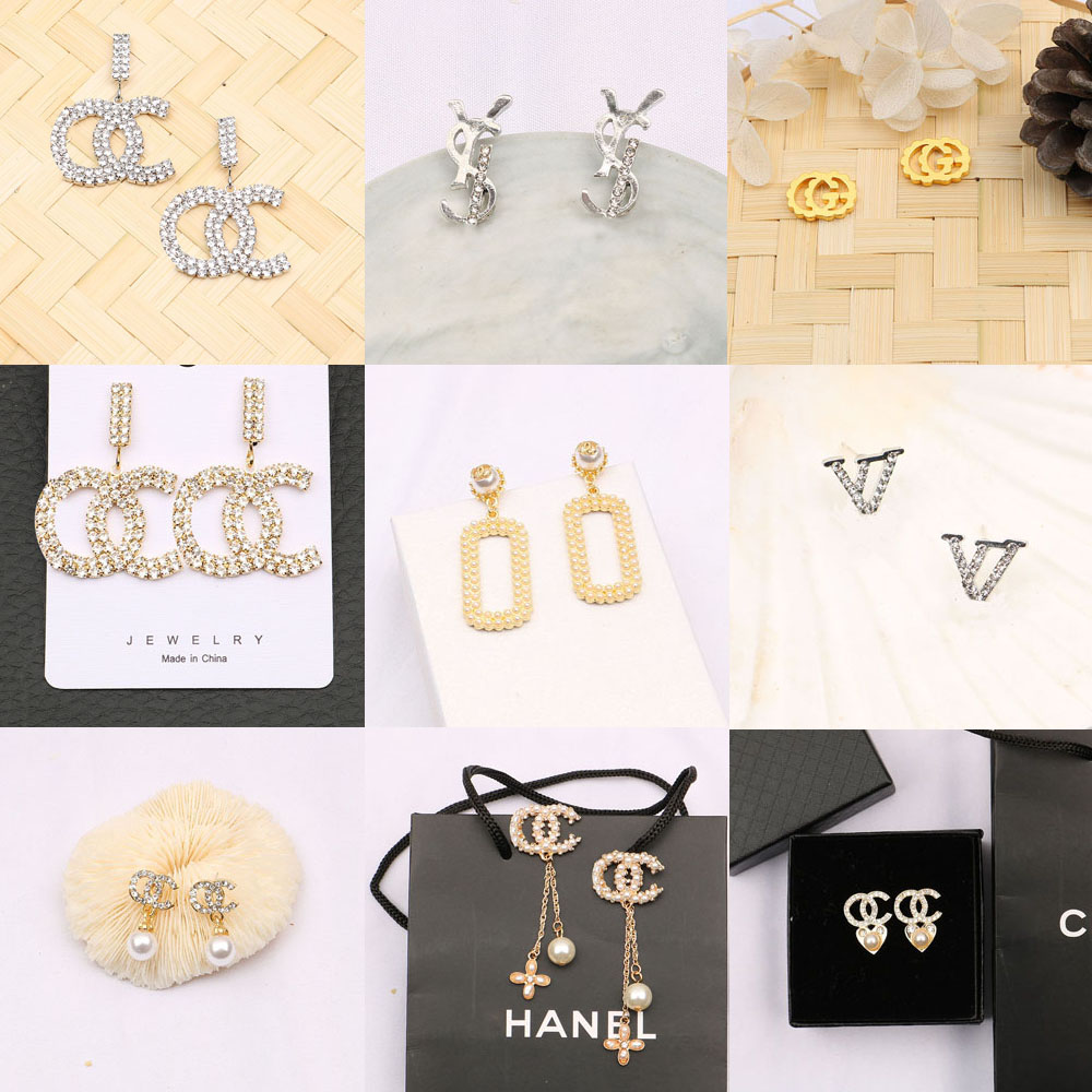 

type421-type435 18k gold plated brand designer letters stud luxury crystal geometric women rhinestone pearl earring wedding party jewerlry a, Golden;silver