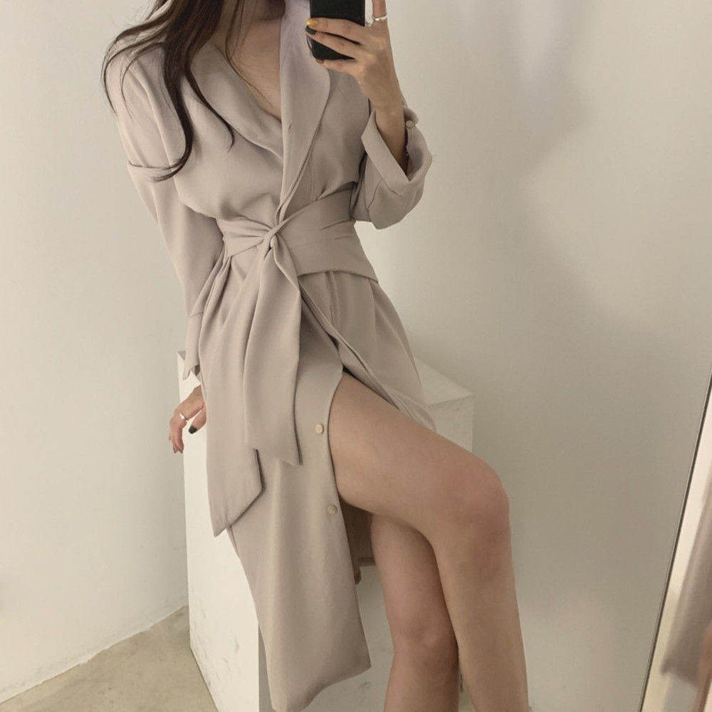 

Women's Autumn V-Neck Casual Dresses Solid Fashion Sashes Split Office Lady Elegant Long Sleeve Vestidos 210520, Photo color
