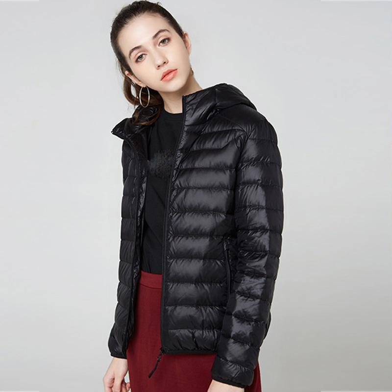 

downs 90 %Ultra -Light Plus Size Thin Jacket Autumn Winter Slim Short Hooded Warm White Duck Down Coat Women Oute, Black