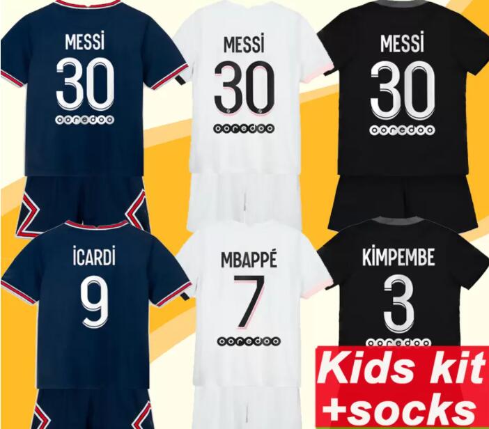 

21 22 MESSI MBAPPE Kids Kit Soccer Jerseys DI MARIA KIMPEMBE SERGIO RAMOS Home Away Football Shirt VERRATTI DRAXLER ICARDI Child Uniforms, Black