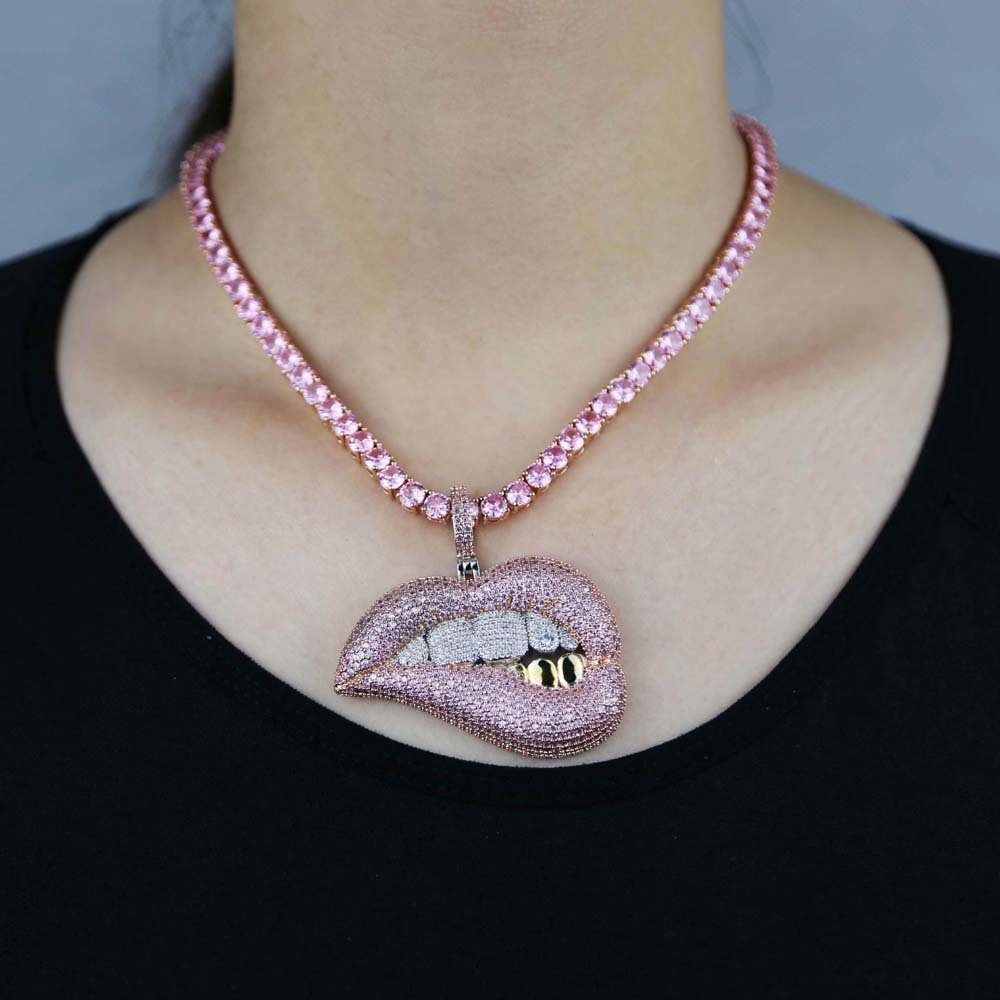 

Personality iced out bling mouth pendant necklaces AAA Zircon tennis chain fashion hip hop lip chocker necklace women jewelry X0509