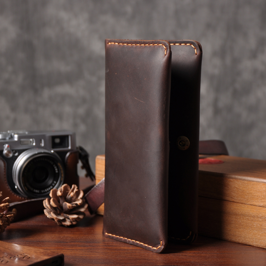 

Handmade Vintage Crazy horse Genuine Leather Wallet Men Wallet Leather male Wallet long style Clutch Bag Male purse Money Clips, Dark coffee