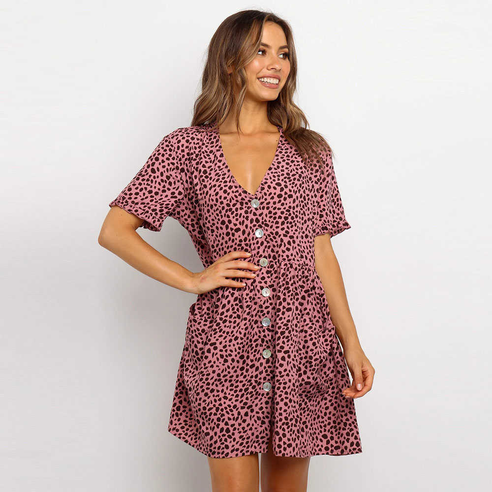 

Fashion Leopard Printed Woman Dress Sexy V-Neck Short Sleeve Button Sundress With Pockets W527 210526, White