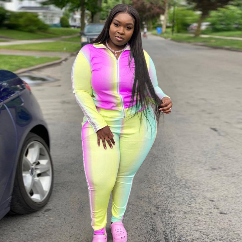 

Plus Size Tracksuits 3XL 4XL 5XL 2021 Women Clothing Two Piece Set Ladies Sport Gradient Coat & Pants Suits 2 Outfit Female Wholesale, Pink