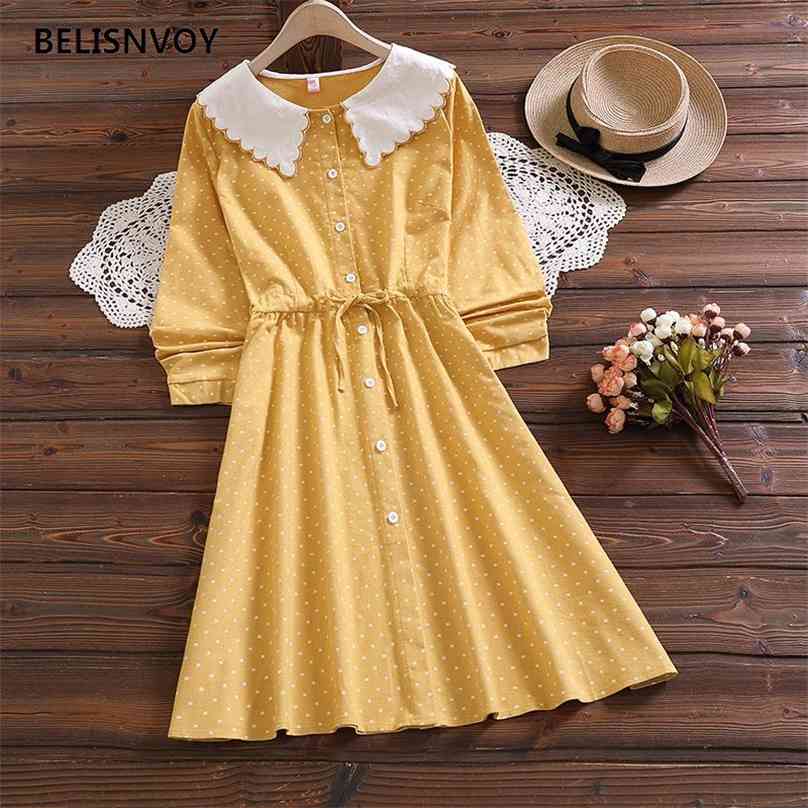 

Preppy Style Spring Women Fresh Cute Dress Embroidery Peter Pan Collar Yellow Blue Cotton Kawaii Mori Girl Autumn 210520, Clear