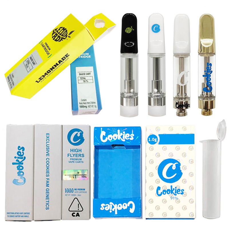 

Cookies Premium Sauce Carts 0.8ml 1.0ml Gold White Ceramic Atomizers With Push Box High Flyers Lemonnade Packages 510 Thread Vape Cartridges