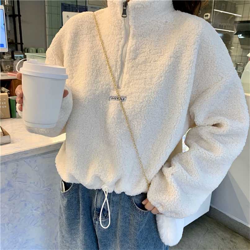 

Autumn winter hoodies women imitation lamb velvet short plus velvet thick hooded sweatshirt female loose student jacket tops 211109