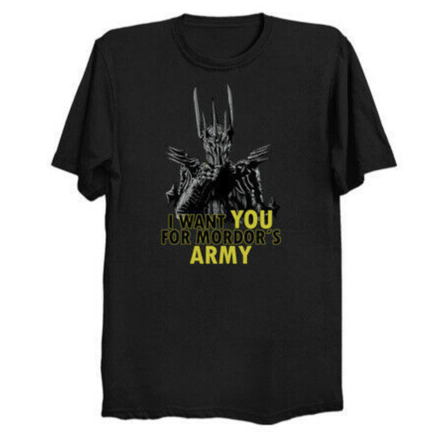 

R1 MordorÂ´s Army Sauron Ring Dark Lord Uncle Sam Parody Movie Black T-shirt, White;black