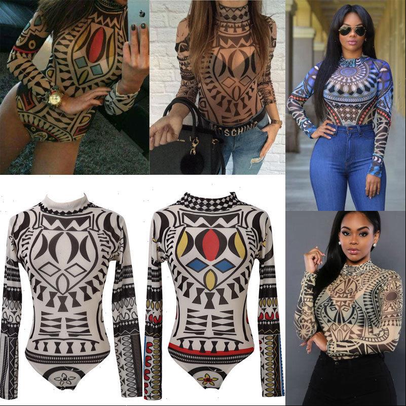 

women romper tattoo tribal print stretchy bodysuit see through mesh sheer long sleeve lady clubwear o neck bodycon, Black;white