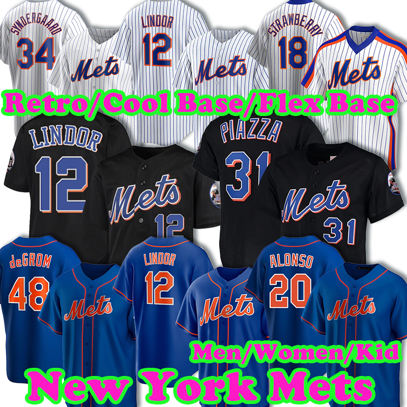 

New York Mets Jersey MLB 20 Pete Alonso 12 Francisco Lindor Baseball Jacob deGrom Mike Piazza Jeff McNeil Noah Syndergaard Men Darryl Strawberry Keith Hernandez, Custom kid cool base jersey