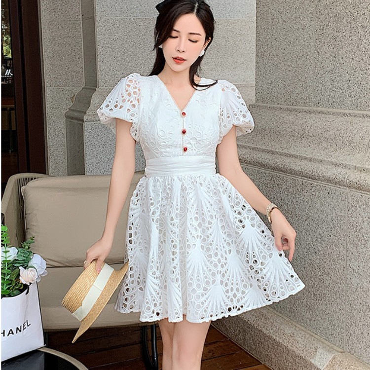 

White Lace Hollow out Woman' Dress V-Neck High Waist Puff Sleeve Vestidos Summer Ladies Elegant Vintage Dress Female 210518