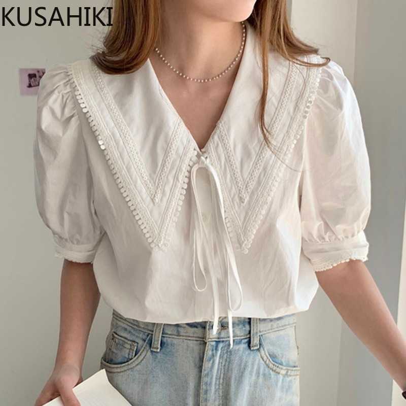 

Fashion Bow Tie Women Shirts Lace Peter Pan Collar Blouse Causal Puff Sleeve Summ Blusas Feminimos 6H201 210603, White