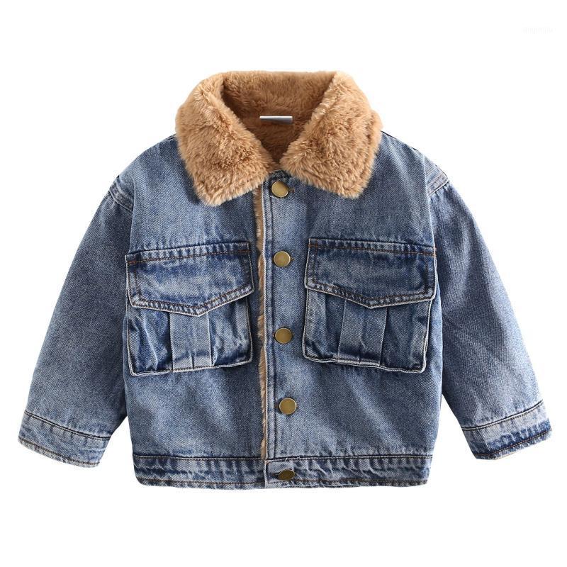 

Jackets Boys Denim Kids Fashion Turn Down Collar Velvet Warm Jean Coat Winter Children Pocket Casual Outerwear, Blue;gray
