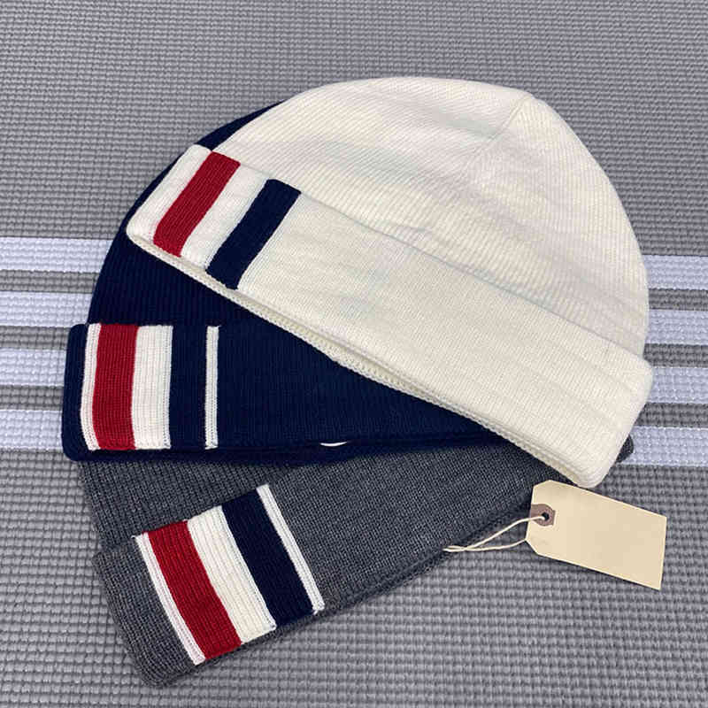 

Men's Knitted Luxury Brand TB THOM Winter Warm Beanies Women Casual Wool Cashmere Elastic Stripe Hip Hop Unisex Hats