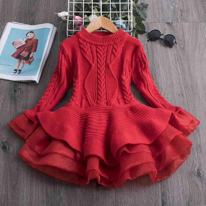 

Children's autumn knitted long sleeve girls' Organza wool dress, Red;yellow