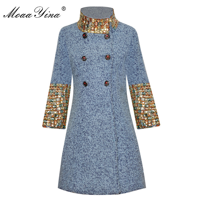 

Fashion Designer Wool Woolen coat Winter Women Long sleeve Stand collar Diamond Elegant Keep warm Over 210524, Multi
