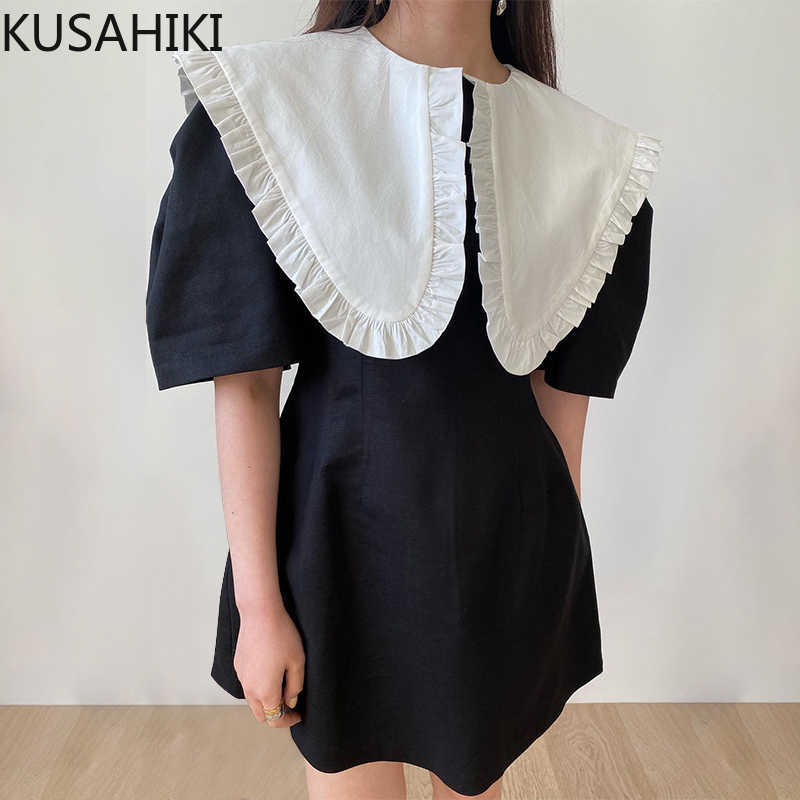 

KUSAHIKI Korean Hit Color Peter Pan Collar Dresses Slim High Waist Elegant Puff Sleeve Vestidos Summer Chic Woman Dress 6H040 210602, Black