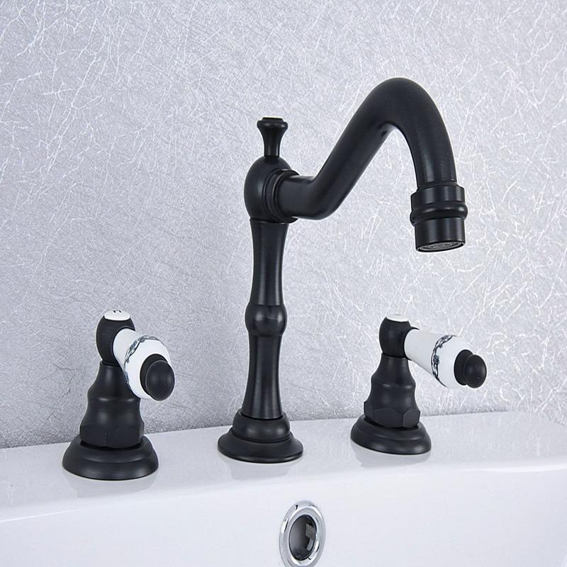 

Bathroom Sink Faucets Black Oil Rubbed Brass Widespread Dual Handle Washing Basin Mixer Taps Deck Mounted 3 Holes Lavatory Faucet Asf543