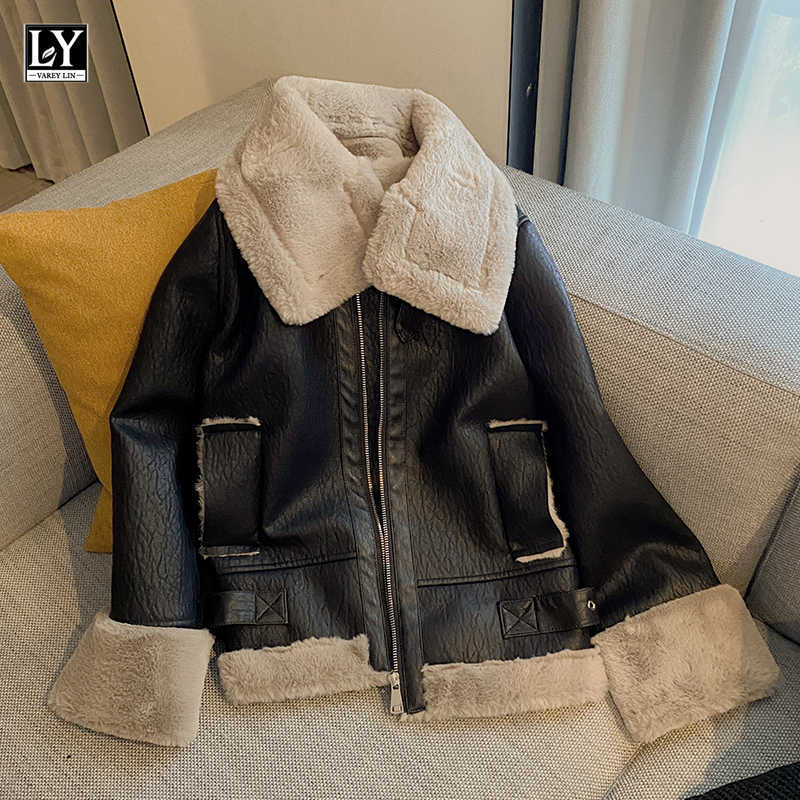 

LY VAREY LIN Winter Women Thick Warm Moto Faux Leather OverCoat Loose Zipper Locomotive Lapel Coat PU Jacket 210526, Black