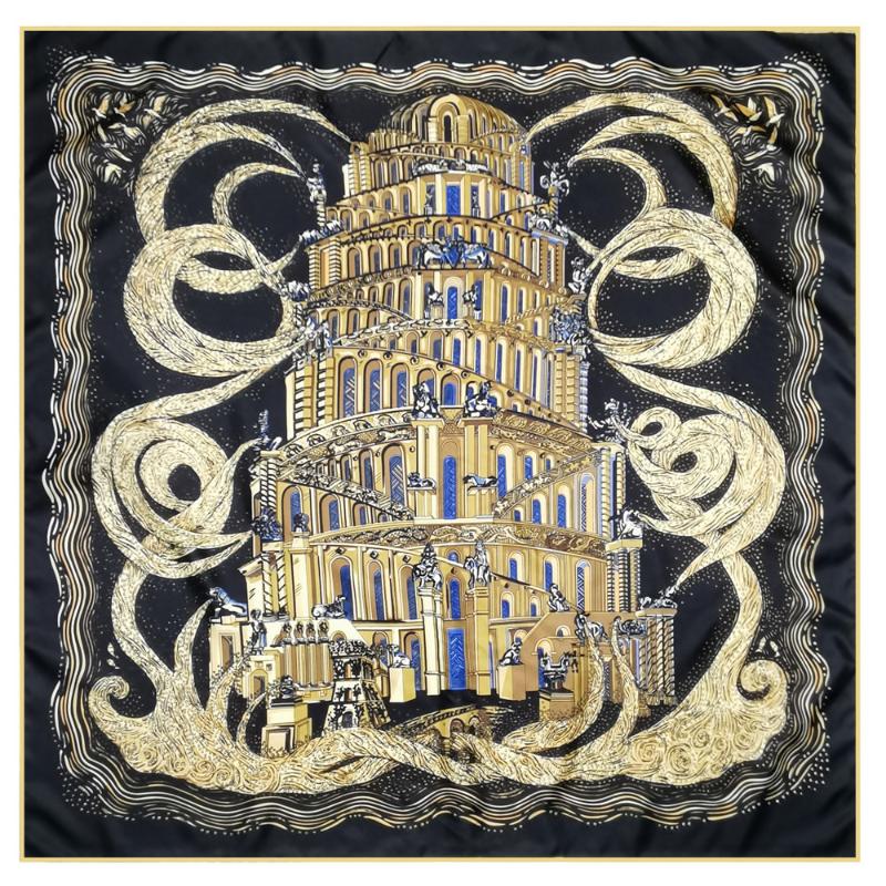

Scarves Manual Hand Rolled Foulards Twill Silk Scarf Women Tower Print Square Echarpes Curled Wraps Femme Bandana Hijabs 90CM