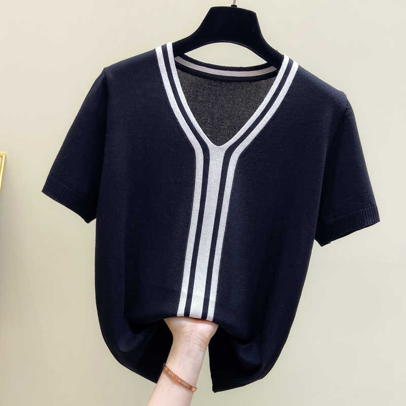 

M-4XL large size summer ice silk Kintting T-shirt top short sleeve v neck loose casual women sweater pullover jumper 210604, Black