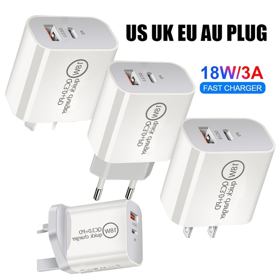

18W Quick QC3.0 type c charger Eu US UK Au Wall Chargers Plug For iphone Samsung s10 s20 note 10 htc huawei Android phone