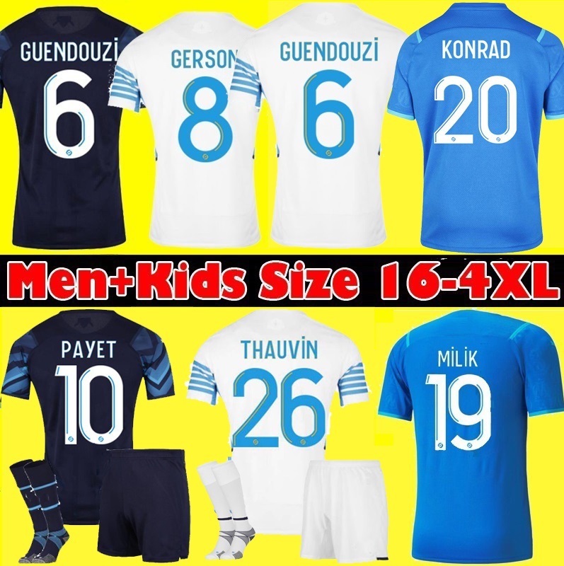 

GUENDOUZI soccer jerseys Olympique De 2021 2022 OM Maillot Foot PAYET THAUVIN Football jersey 21 22 GERSON KONRAD MILIK shirts Men+Kids Kit, Brown