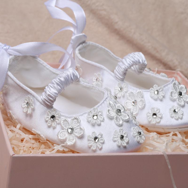 

First Walkers Dollbling Diamond Flower Lace Prewalker White Ribbon Tight Mouth Soft Bottom Cotton Girls'Walking Shoes Birthday Party Baptism