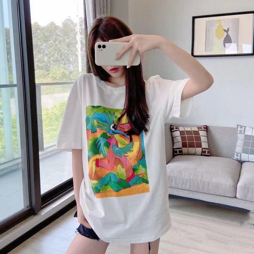 

2021 Men Women Cartoon Dinosaur Oil Painting Print Correct Version Round Neck Short Sleeve T-shirts, White