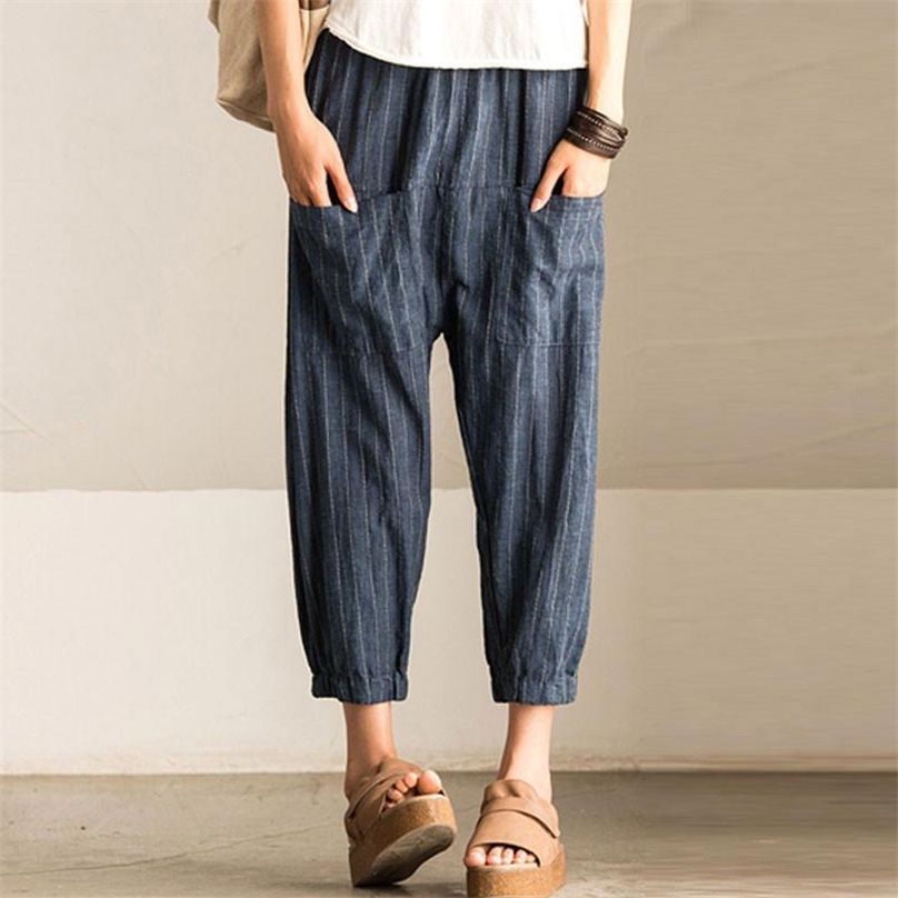 

Women Casual Vintage High Elastic Waist Pockets Striped Baggy Harem Pants Turnip Trousers Work OL Wide Leg Pantalon 210607, Navy