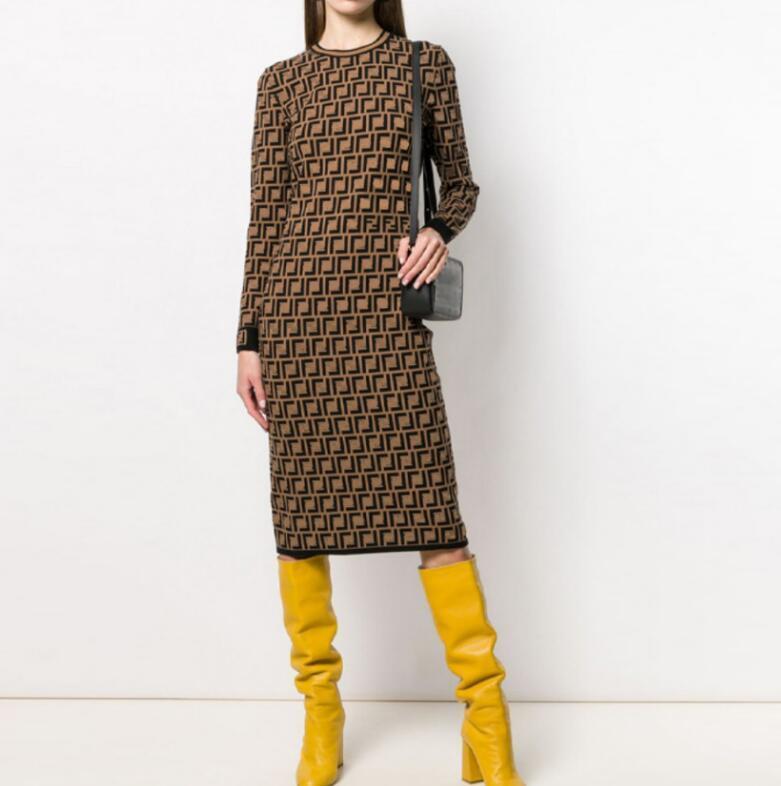 Casual Dresses Classic Vintage Knit Dress Fashion Letter Women Pattern Knitted Long Sleeve High Quality Womens Clothing Crew Neck Autumn-image-733760023