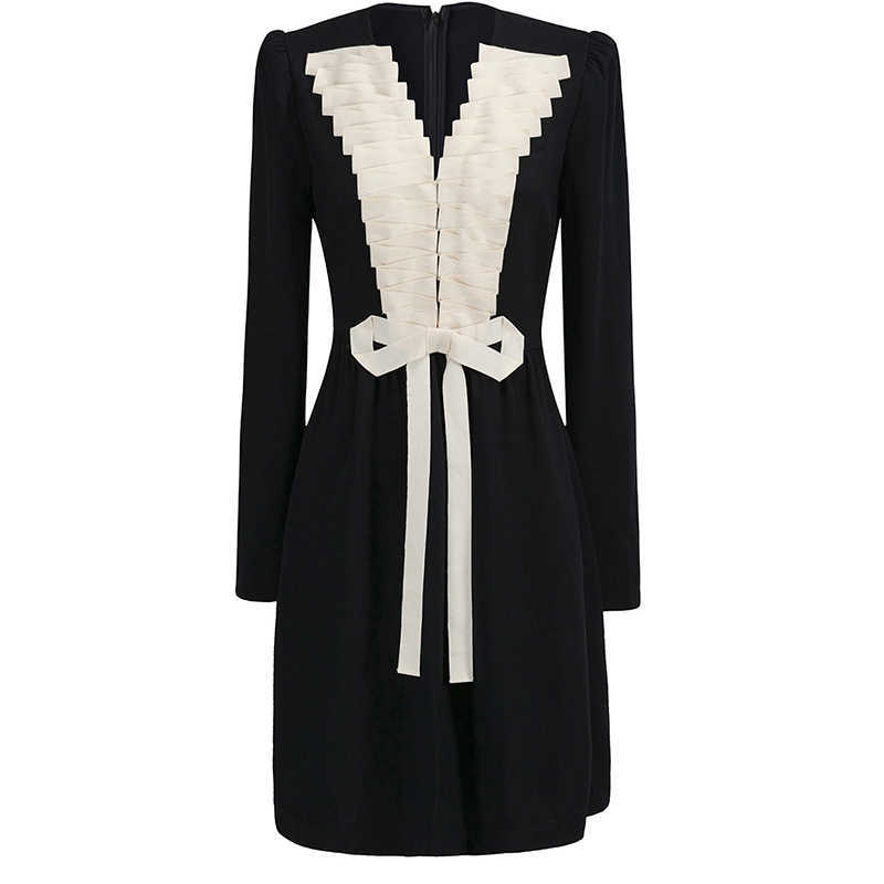 

HIGH QUALITY est Fashion Designer Runway Women' Elegant White Pleated Bow V-Neck Patchwork Black Long Sleeve Knee Dress 210526, Blue