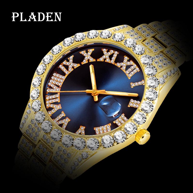 

Wristwatches Drop Gold Watch For Men Ice Out Diamond Watchband Waterproof Watches Blue Dial Steampunk Quartz Wristwatch Jewerly 2021, Slivery;brown