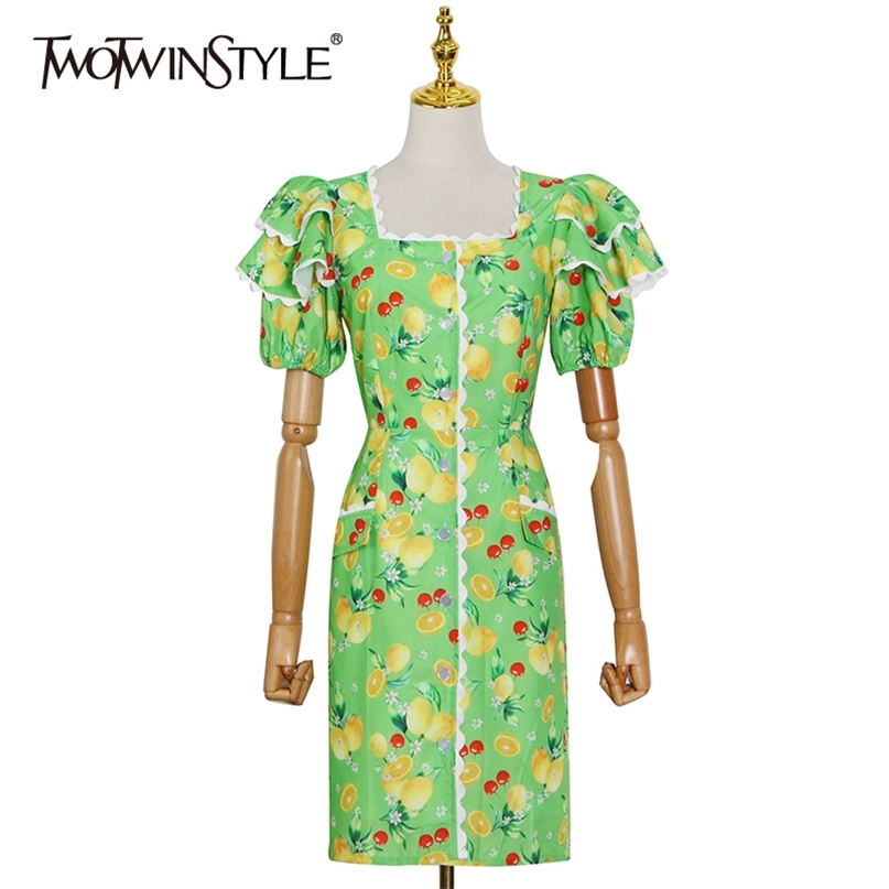

Casual Print Midi Dress For Women Square Collar Puff Short Sleeve High Waist Hit Color Dresses Female 210520, Orange