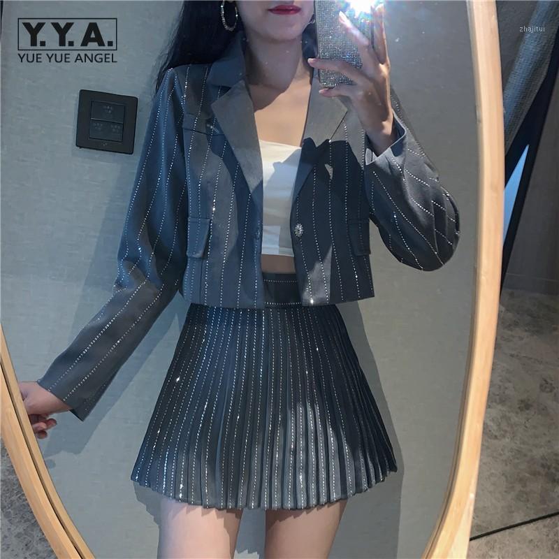 

Vintage Preppy Style Women Long Sleeve Striped Blazer High Waist Pleated Shorts Skirt Two Piece Suit Design Kawaii Ladies Sets Dress, Jacket