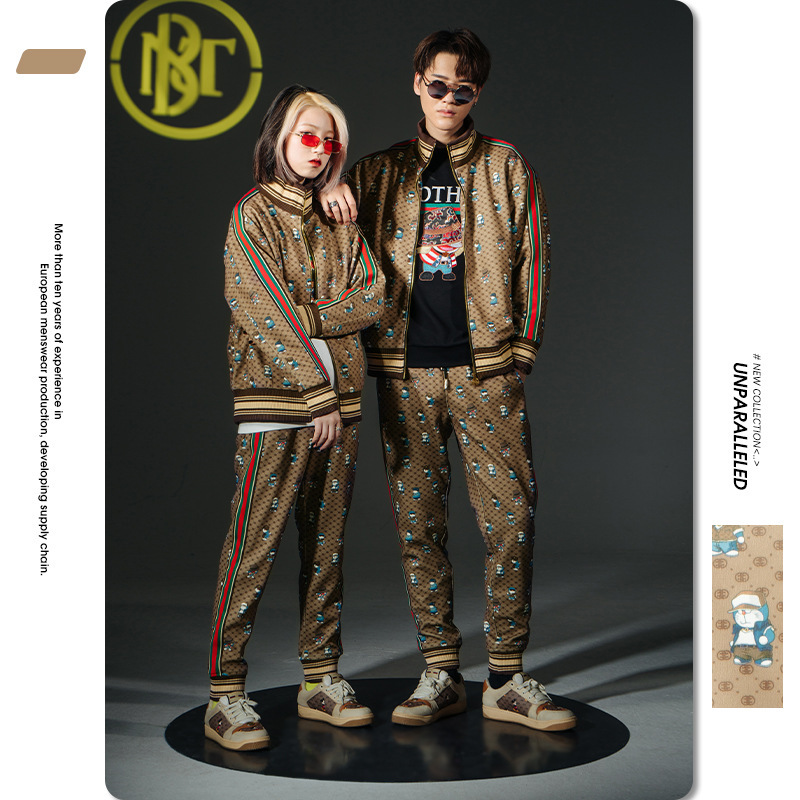 

sportswear men's 2021 autumn winter new cartoon printed coat casual couple's two-piece set, Gray
