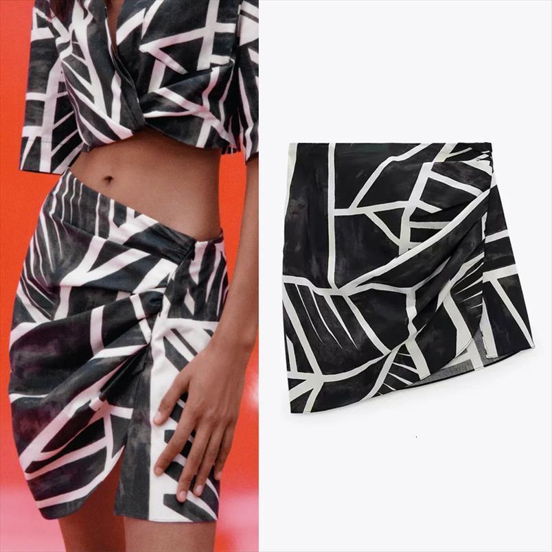 

za high waist mini fashion women skirt black print gathered asymmetric hem summer with side slit