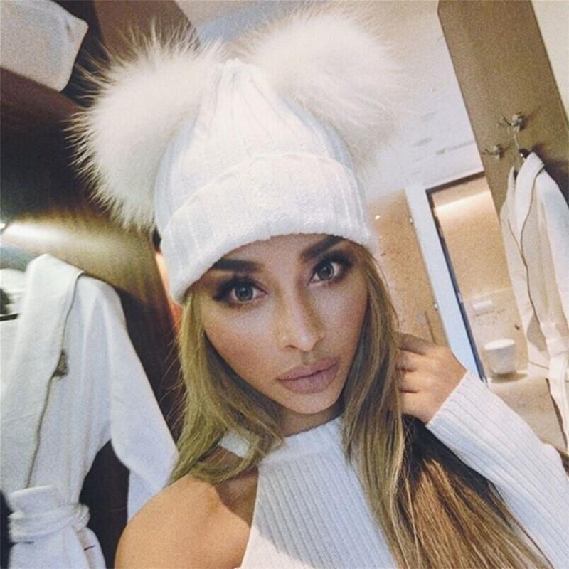 

Hats, Scarves & Gloves Sets Winter Adult 6 Colors Knitted Beanies Hat Women Faux Fur Double Pom Caps Teenager Warm Baggy Hats Lady Wool Knit