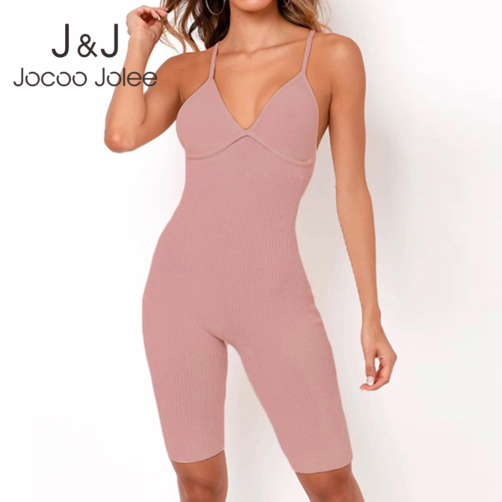 

Jocoo Jolee Elegant Strap Knitting Bodycon Jumpsuits Overalls for Women Summer Sexy V Neck Backless Playsuits Casual Rompers 210518, Dark grey