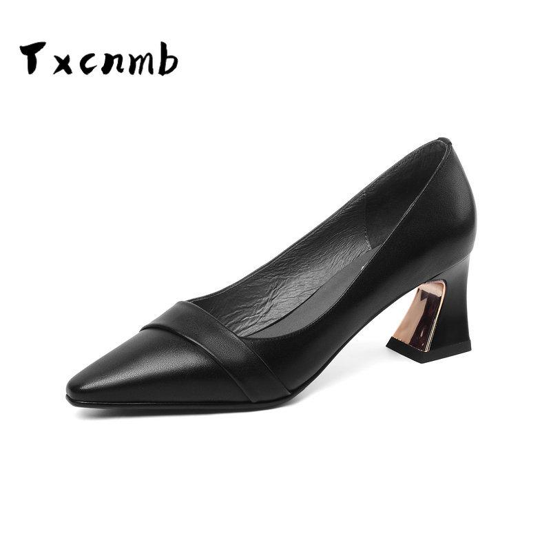 

Autumn Square High Heels Pumps Black Genuine Leather Elegant Office Lady Sexy Pointed Toe Party Shoes Women Dress
