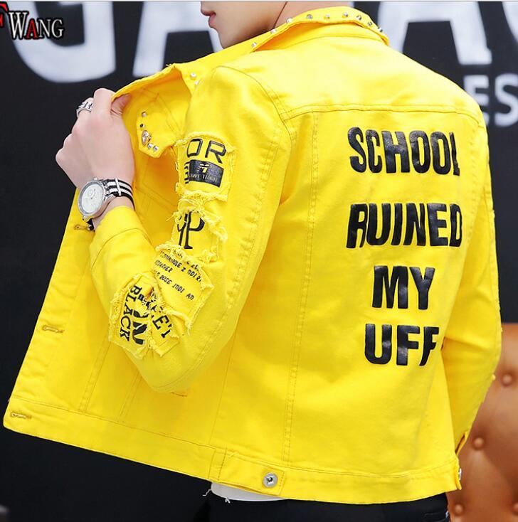 

Spring 2020 Men Denim Jacket male Korean version hole denim trend rivet jacket COAT JEAN Outerwear TOP, Yellow