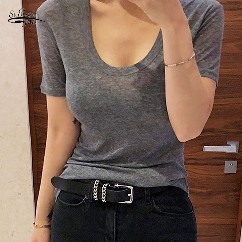 

Solid Korean Women Clothing Ladies Tops Summer Blouse Sexy Low O-neck Thin Slim Fit Casual Short Sleeve 9269 50 210521, Red
