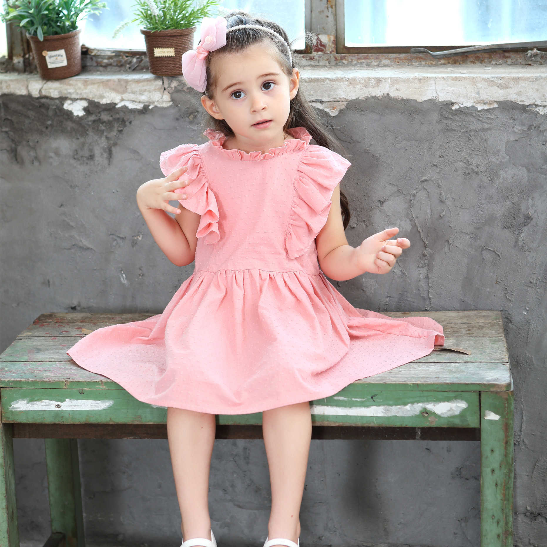 

New girl's dress cotton jacquard Princess dress lotus sleeve high collar polka dot skirt, Pink